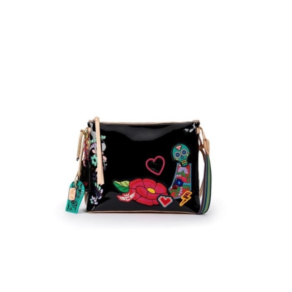 Consuela Black Patent Crossbody with Multicolor Floral & Skull Embroidery